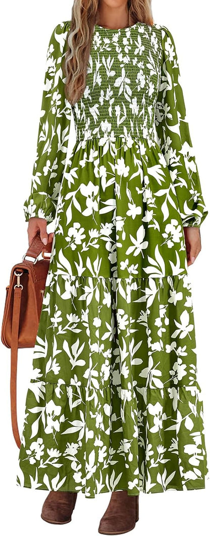Women'S Spring Dresses 2026 Long Sleeve Flowy Casual Floral Maxi Dress Crew Neck Smocked Tiered Long Dress