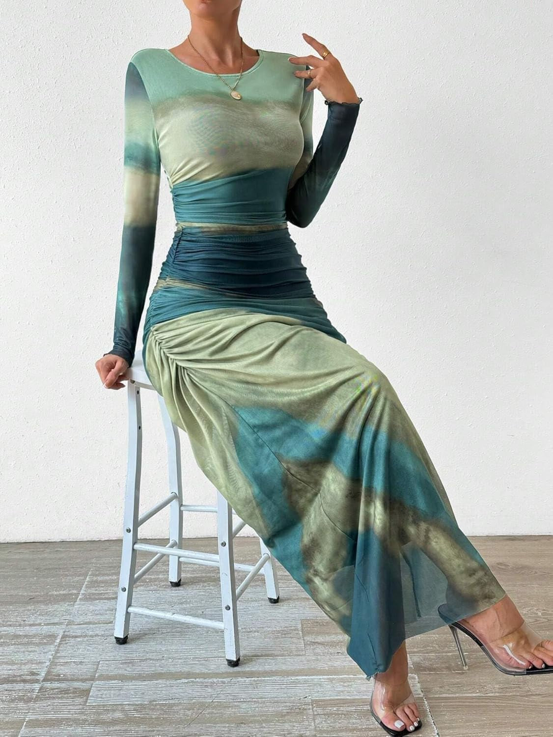 Women Long Sleeve Maxi Dress Bodycon Ruched Formal Slim Fit Tie Dye Dress Formal Mesh Dress