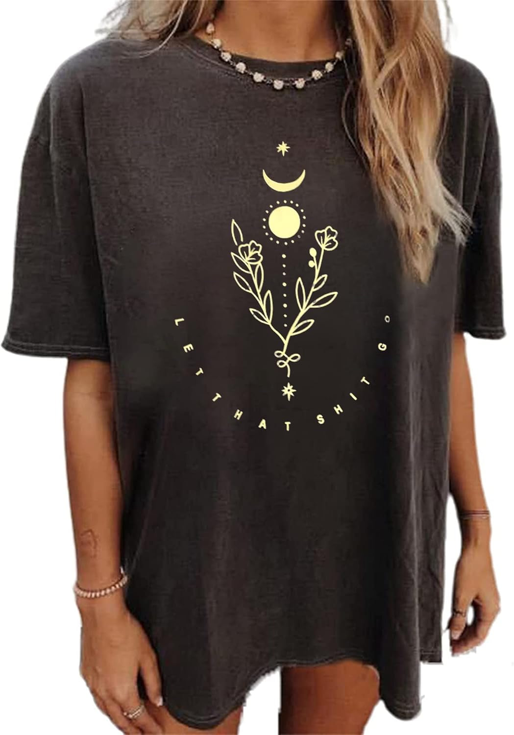 Women'S Casual Oversized T Shirt Short Sleeve Graphic Tee Letter Sun Moon Shirts