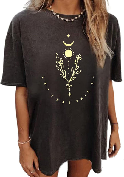 Women'S Casual Oversized T Shirt Short Sleeve Graphic Tee Letter Sun Moon Shirts