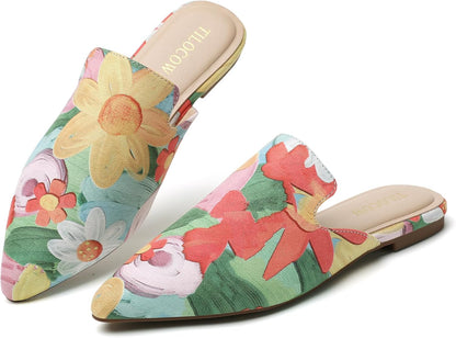 Mules for Woman Comfortable Pointed Toe Backless Loafers Flat Mule Business Casual Shoes Slides Slip On