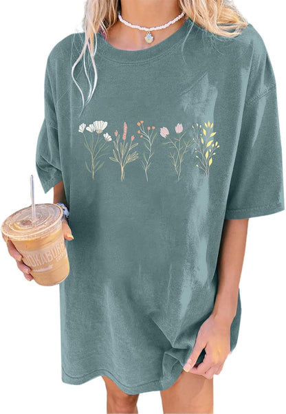 Women'S Casual Oversized T Shirt Short Sleeve Graphic Tee Letter Sun Moon Shirts