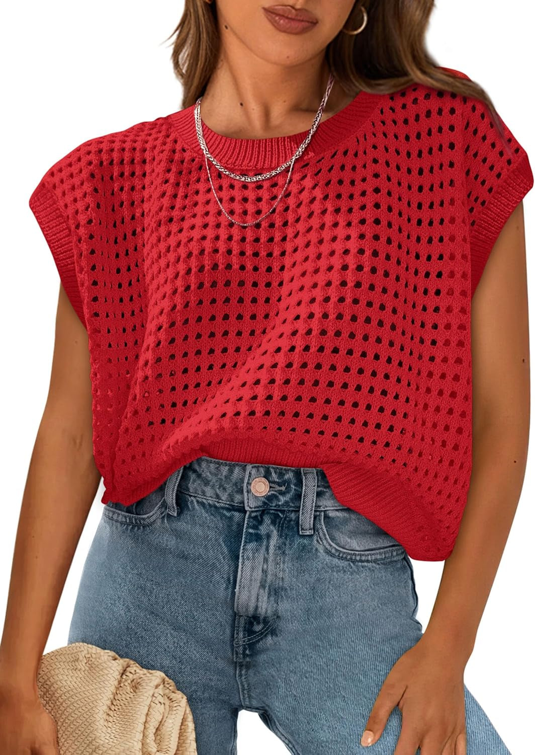 Womens Spring Tops 2026 Summer Shirts Crochet Cap Sleeve Sweater Pullover Cute Beach Vacation Clothes