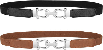 Women Skinny Elastic Belt for Dresses,Thin Retro Stretch Waist Belt with Golden Buckle