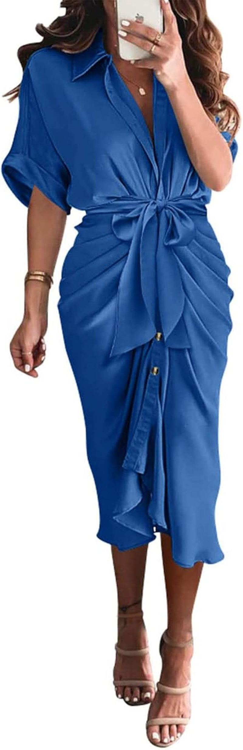Shirt Dresses for Women Button down Short Sleeve Satin Ruched Maxi Spring Dress 2026 Cocktail Party Wedding Guest