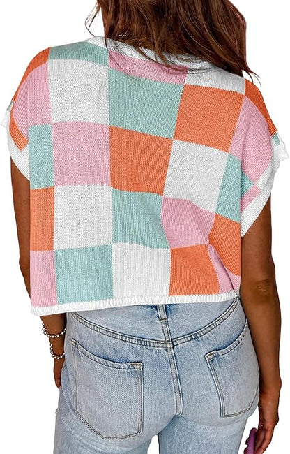 Womens Cap Sleeve Crop Tops Summer Color Block Going Out Crew Neck Knit Trendy Casual Sweater