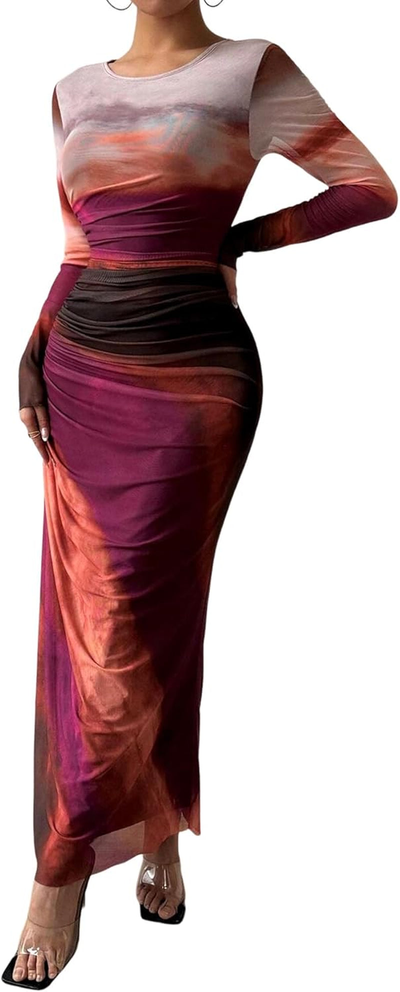 Women Long Sleeve Maxi Dress Bodycon Ruched Formal Slim Fit Tie Dye Dress Formal Mesh Dress