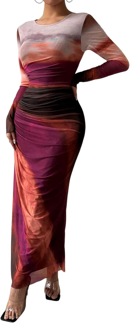Women Long Sleeve Maxi Dress Bodycon Ruched Formal Slim Fit Tie Dye Dress Formal Mesh Dress
