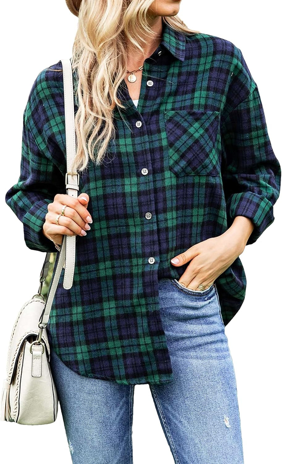 Oversized Flannel Shirt Women Long Sleeve Plaid Button Buffalo Shirt Blouse Tops with One Pocket