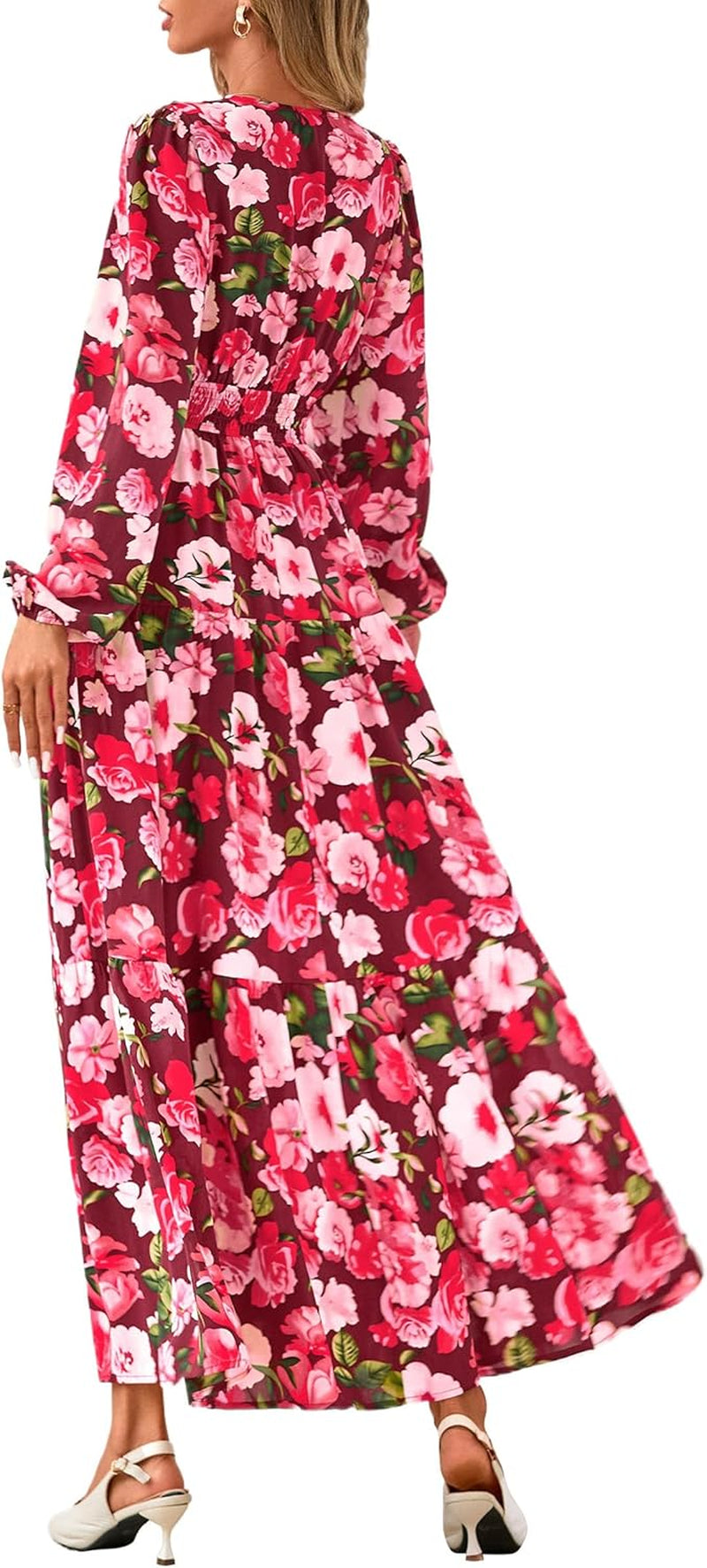 Long Sleeve Maxi Fall Dresses for Women 2026 Vneck Smocked Boho Floral Tiered Swing Flowy Wedding Guest Dress