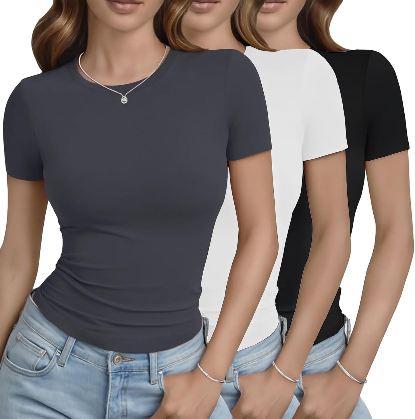 3 Pack Basic Tees for Women - Crew Neck Slim Fit Tight T Shirts Cute Y2K Trendy Crop Tops Clothes for Casual Summer