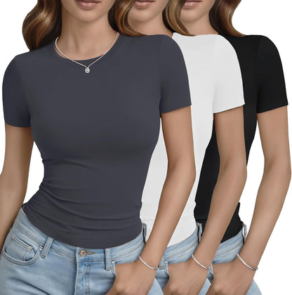 3 Pack Basic Tees for Women - Crew Neck Slim Fit Tight T Shirts Cute Y2K Trendy Crop Tops Clothes for Casual Summer