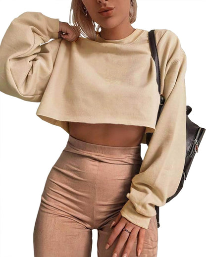 Women'S Crewneck Long Sleeve Crop Tops Workout Casual Pullover Loose Sweatshirts