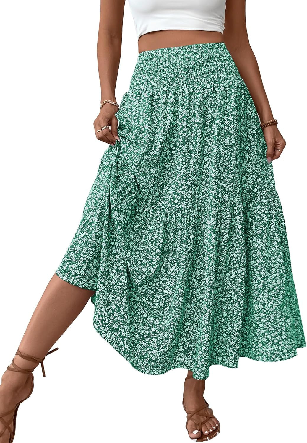 Women'S Smocked High Waist Maxi Skirt Casual Boho Long Skirts with Pockets