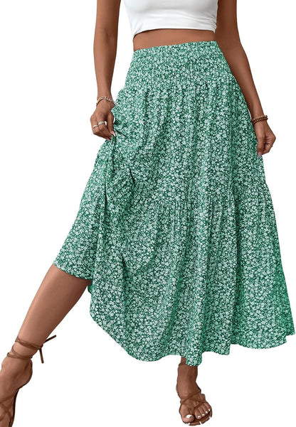 Women'S Smocked High Waist Maxi Skirt Casual Boho Long Skirts with Pockets