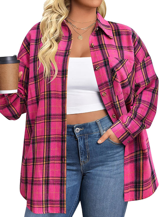 Womens plus Size Flannel Plaid Shirts Long Sleeve Casual Collared Button down Shirt Loose Blouse Top