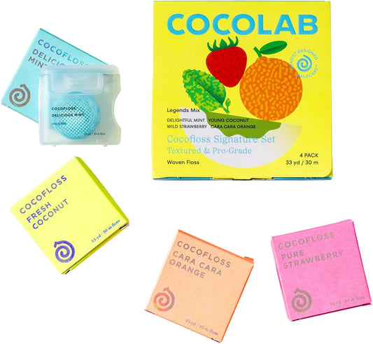 Woven Dental Floss, Dentist-Designed Oral Care, Waxed, Vegan, Kid-Friendly, with Coconut Oil, 4-Pack of Mint, Coconut, Orange, Strawberry (33 Yard Each)