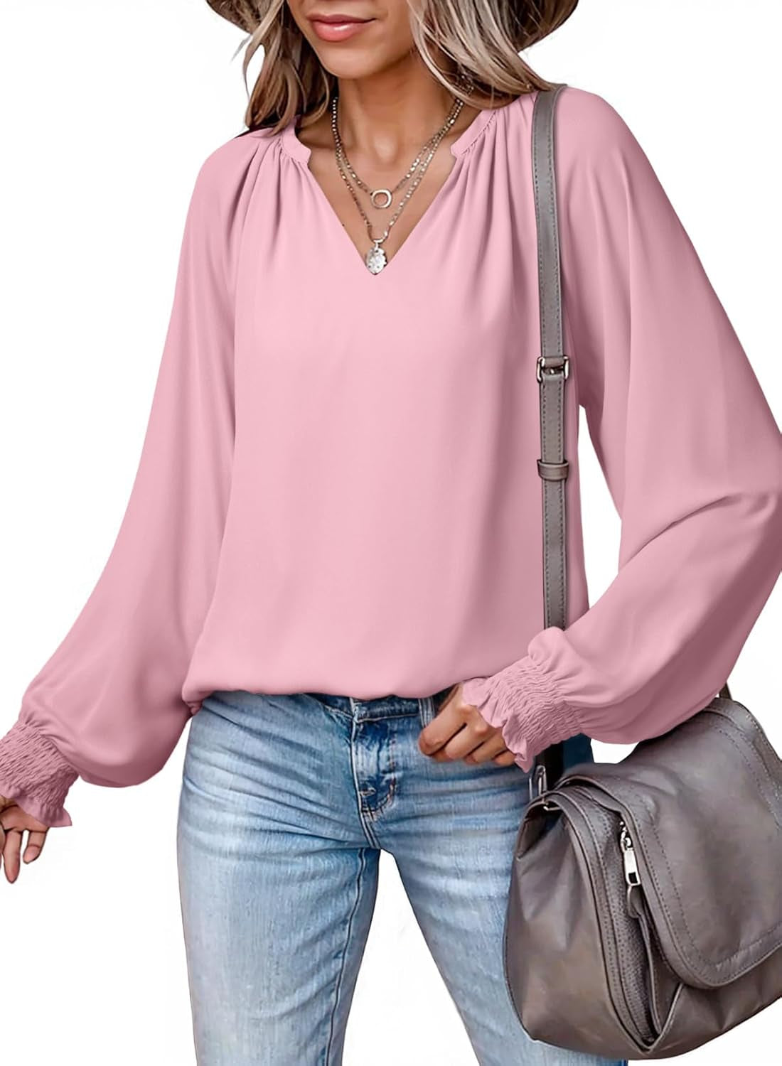 Womens Blouses Dressy Casual Flowy Boho Tops V Neck Long Sleeve Shirts
