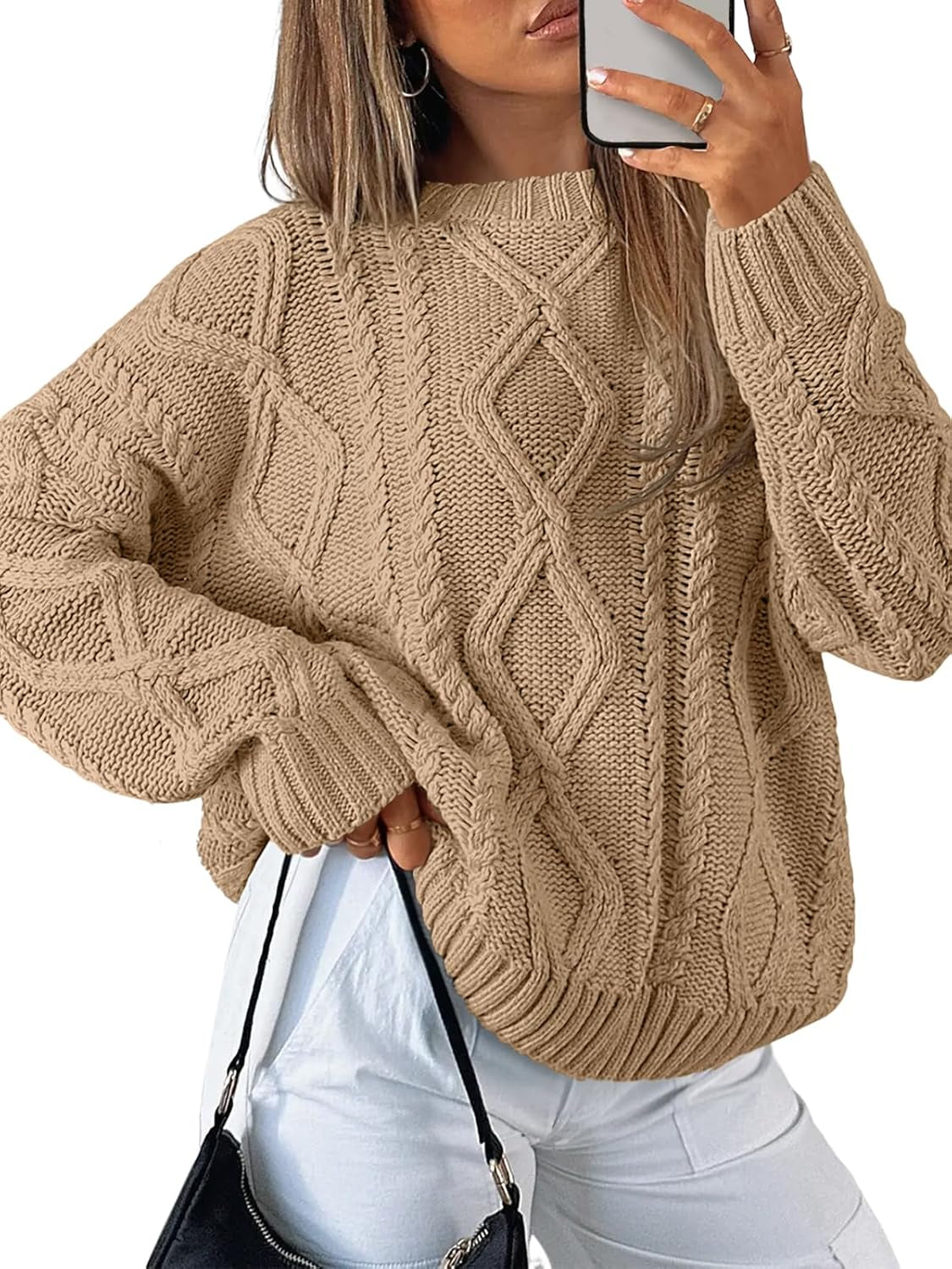 Women'S Oversized Cable Knit Crewneck Sweaters
