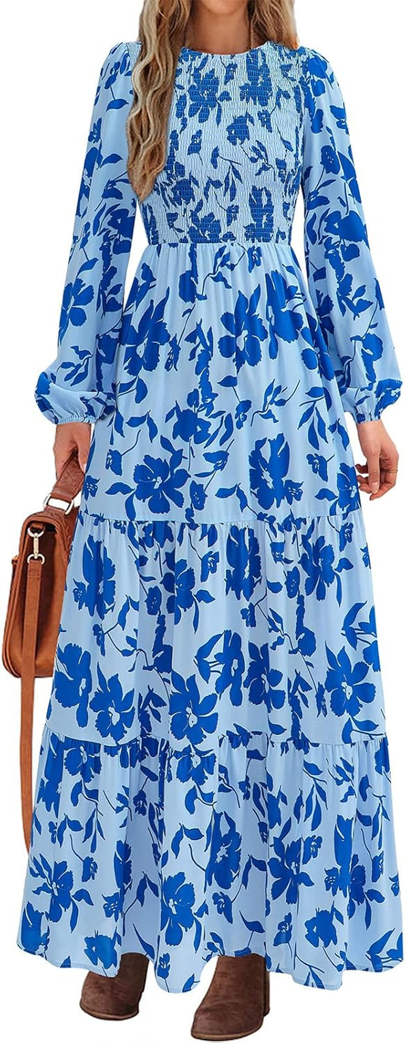 Women'S Spring Dresses 2026 Long Sleeve Flowy Casual Floral Maxi Dress Crew Neck Smocked Tiered Long Dress