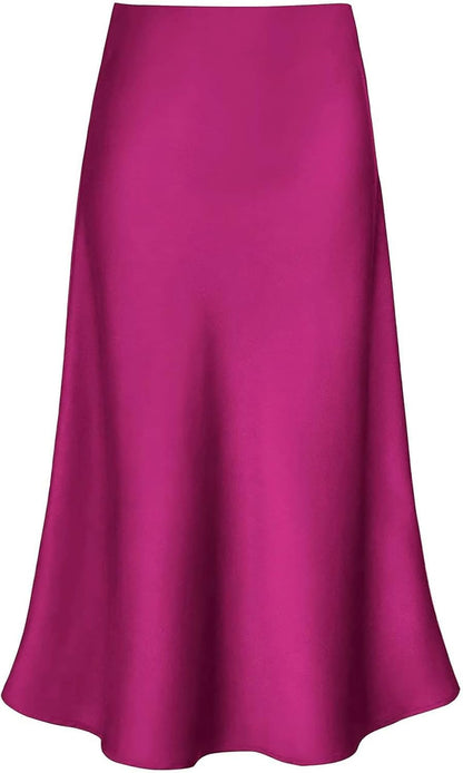 Women'S Satin High Waist Hidden Elasticized Waistband Flared Casual a Line Midi Skirt