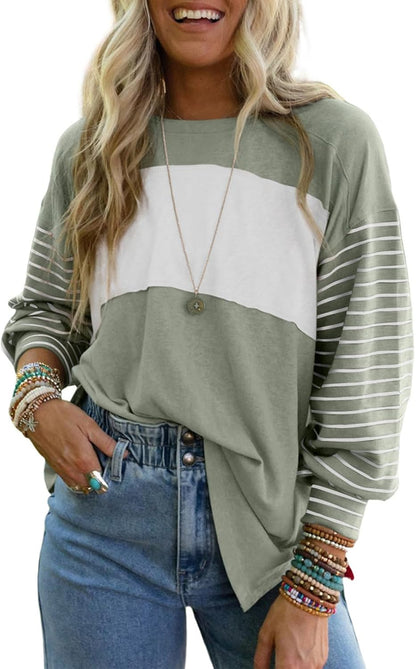 Long Sleeve Tops Oversized 2025 Trendy round Crew Neck Casual Color Block Womens Shirts Blouses