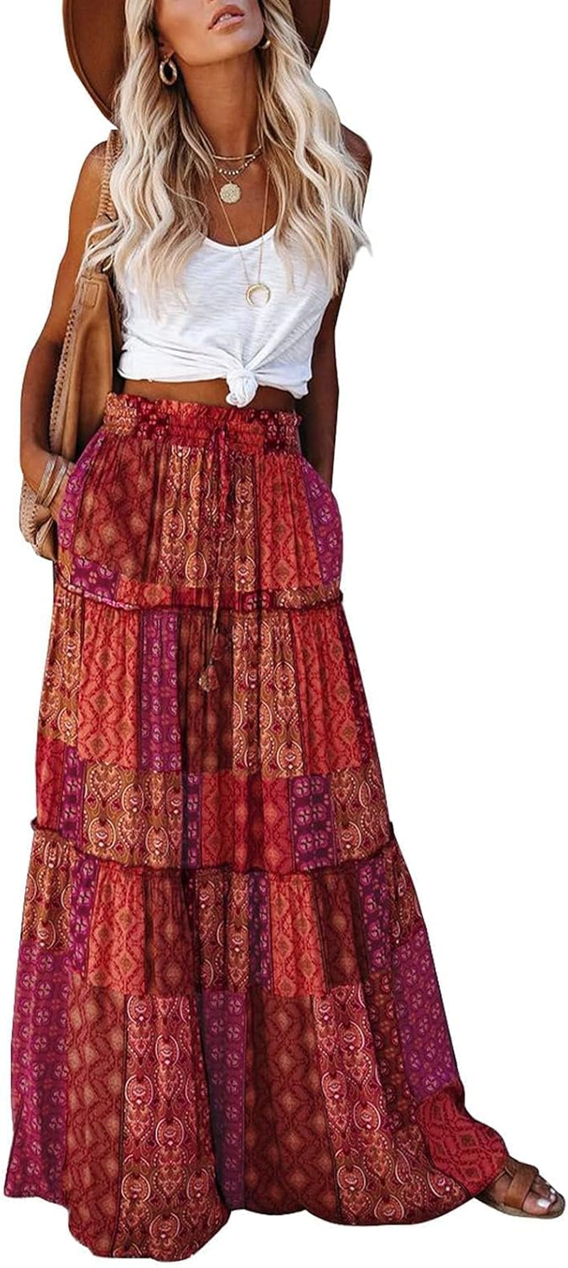 Womens Boho Maxi Skirt 2026 Summer Cruise Casual High Waist Tie Flowy Long Skirt with Pockets for Beach Vacation