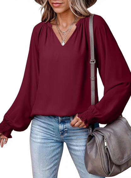 Womens Blouses Dressy Casual Flowy Boho Tops V Neck Long Sleeve Shirts