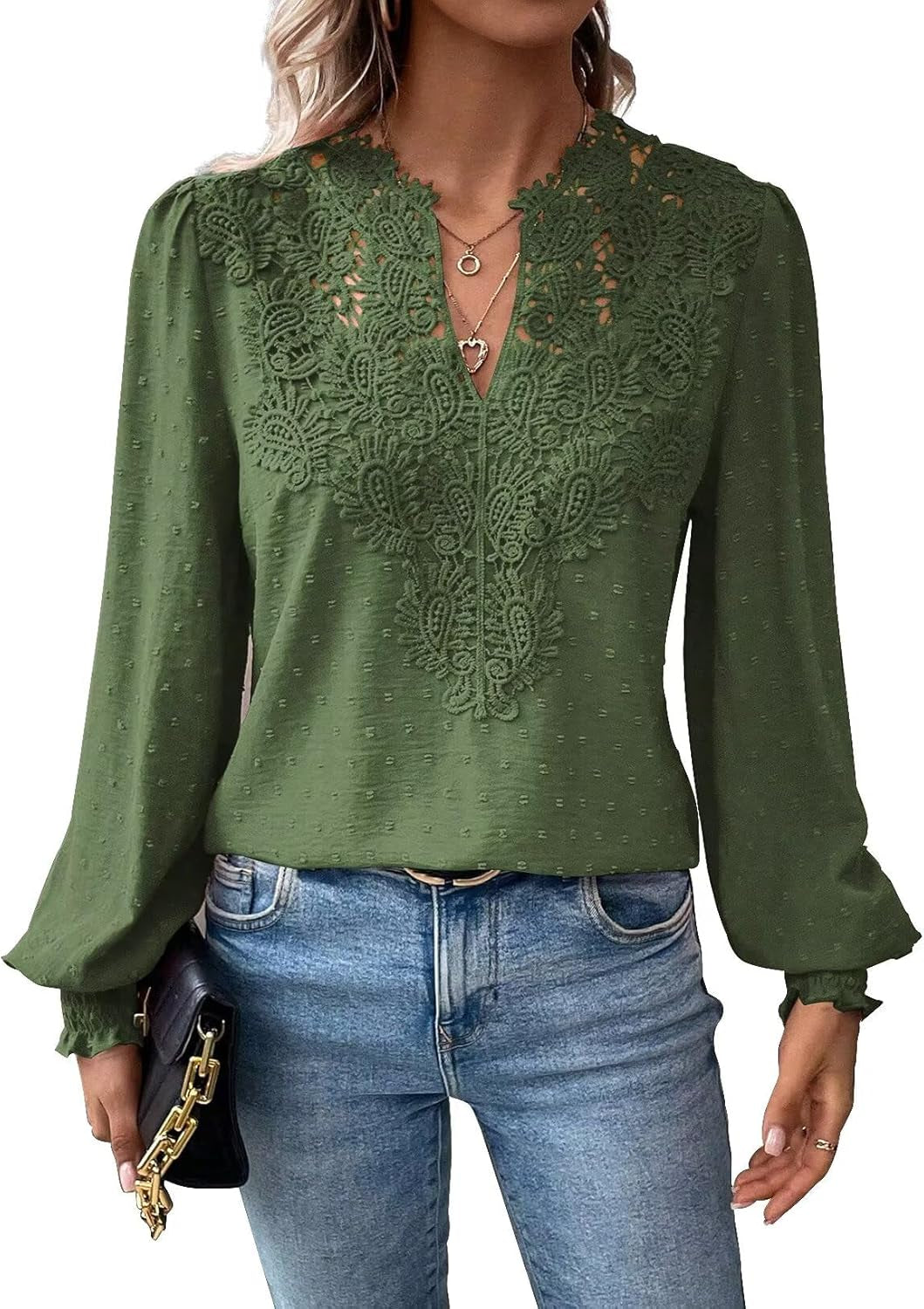 Womens Tops Swiss Dot Boho Long Sleeve Shirts V Neck Casual Chiffon Blouses Flowy Lace Hem Cute Clothing Trendy 2025