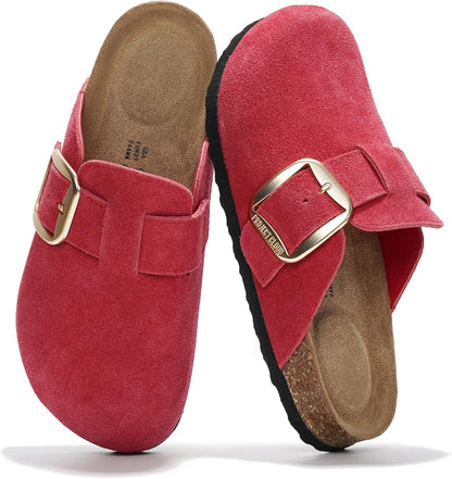 100% Genuine Leather Clogs for Women Shoes - Memory Foam Insole, Non-Slip & Natural Cork Footbed Arch Support Big Buckle Womens Clogs and Mules Footwear (Manchester)