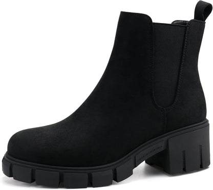 Women Platform Ankle Boots Elastic Chelsea Boots Mid Heel Slip on Booties