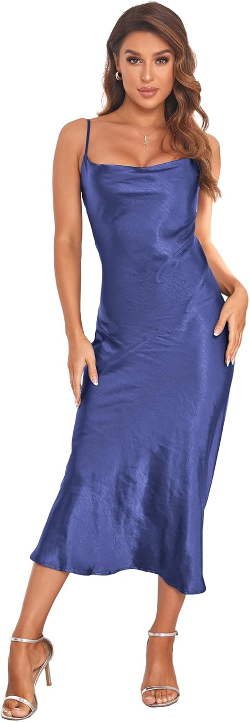 Women'S Spaghetti Strap Midi Satin Silk Dresses Slip Cowl Neck Party Cocktail Evening Sexy Dress