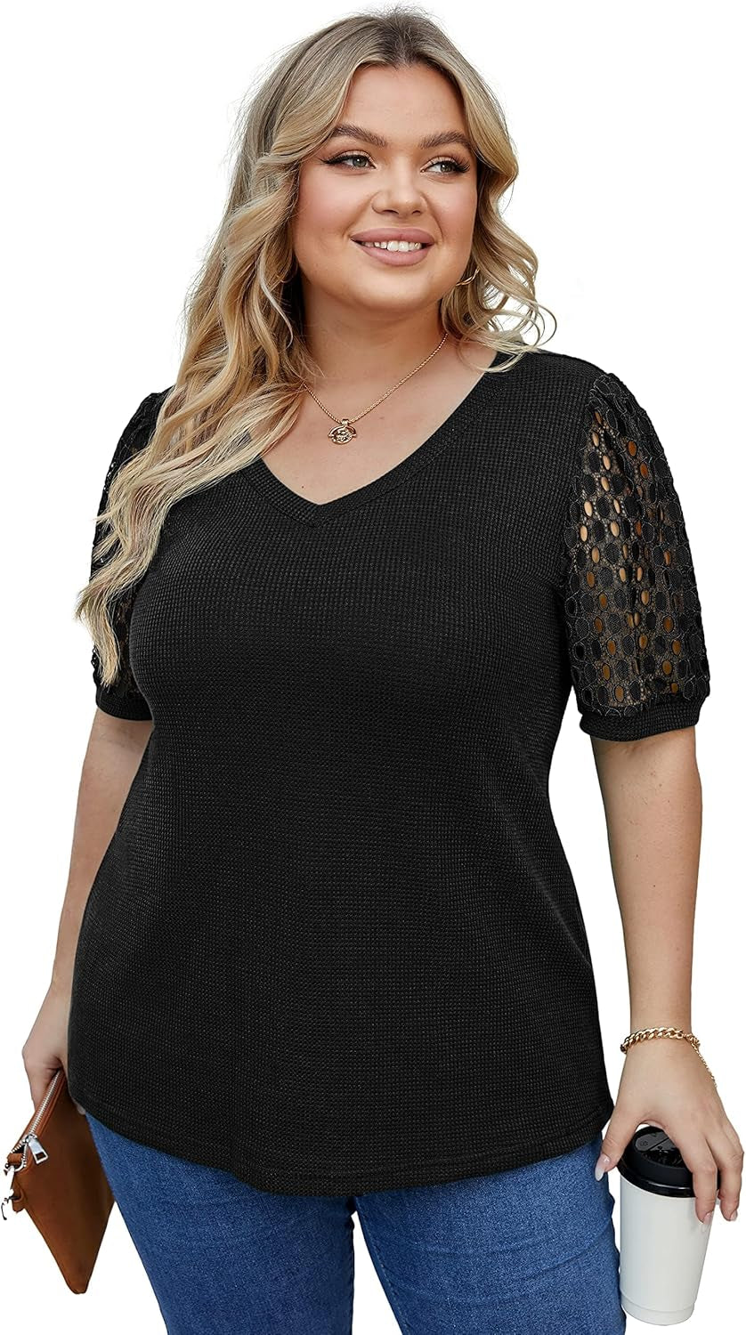 plus Size Tops for Women Summer Blouse Waffle Knit Short Lace Sleeve Shirts