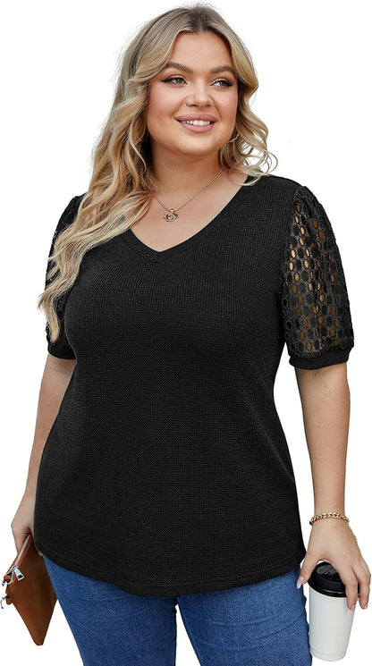 plus Size Tops for Women Summer Blouse Waffle Knit Short Lace Sleeve Shirts