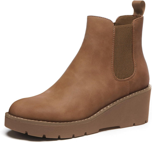 Women'S Chelsea Wedge Boots Elastic Platform Lug Sole Slip on Wedge Ankle Booties