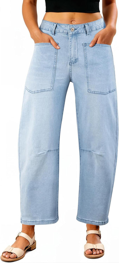 Womens Baggy Barrel Jeans High Waisted Wide Leg Boyfriend Denim Ankle Pants