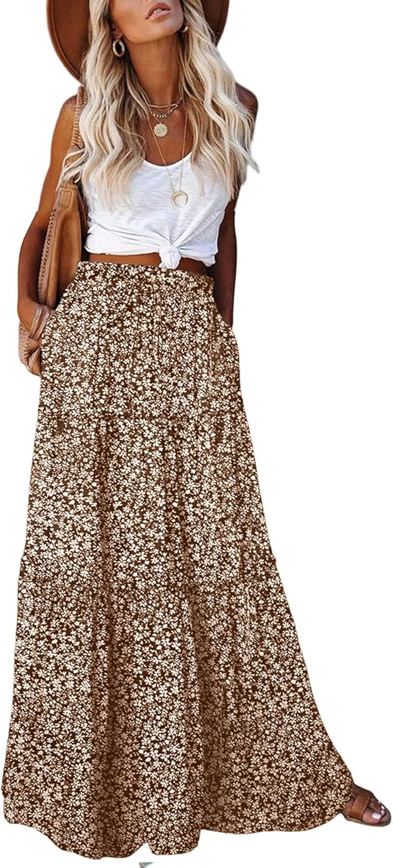 Womens Boho Maxi Skirt 2026 Summer Cruise Casual High Waist Tie Flowy Long Skirt with Pockets for Beach Vacation