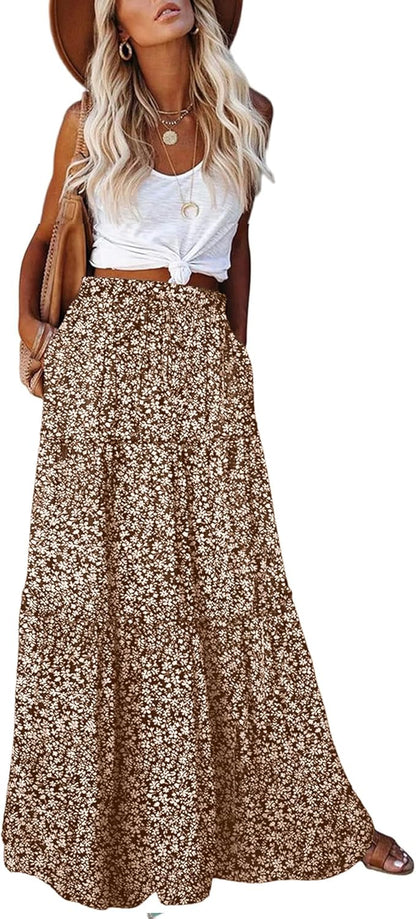 Womens Boho Maxi Skirt 2026 Summer Cruise Casual High Waist Tie Flowy Long Skirt with Pockets for Beach Vacation