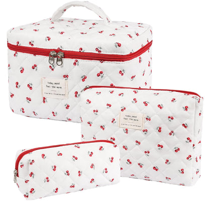 Makeup Bag,Quilted Cosmetic Bag,Large Floral Make up Bag for Women,Cotton Makeup Bag Set,Flower Travel Toiletry Bag
