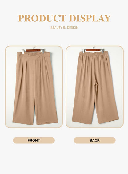 Womens plus Size Wide Leg Pants Crossover Waist Pleated Front Casual Work Pants Lounge Trouser with Pockets(1X-5X)