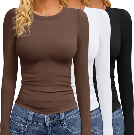 3 Pack Long Sleeve Shirts for Women Basic Tops Crew Neck Fitted Tight Workout Tees Y2K Clothes Going Out Fashion 2025