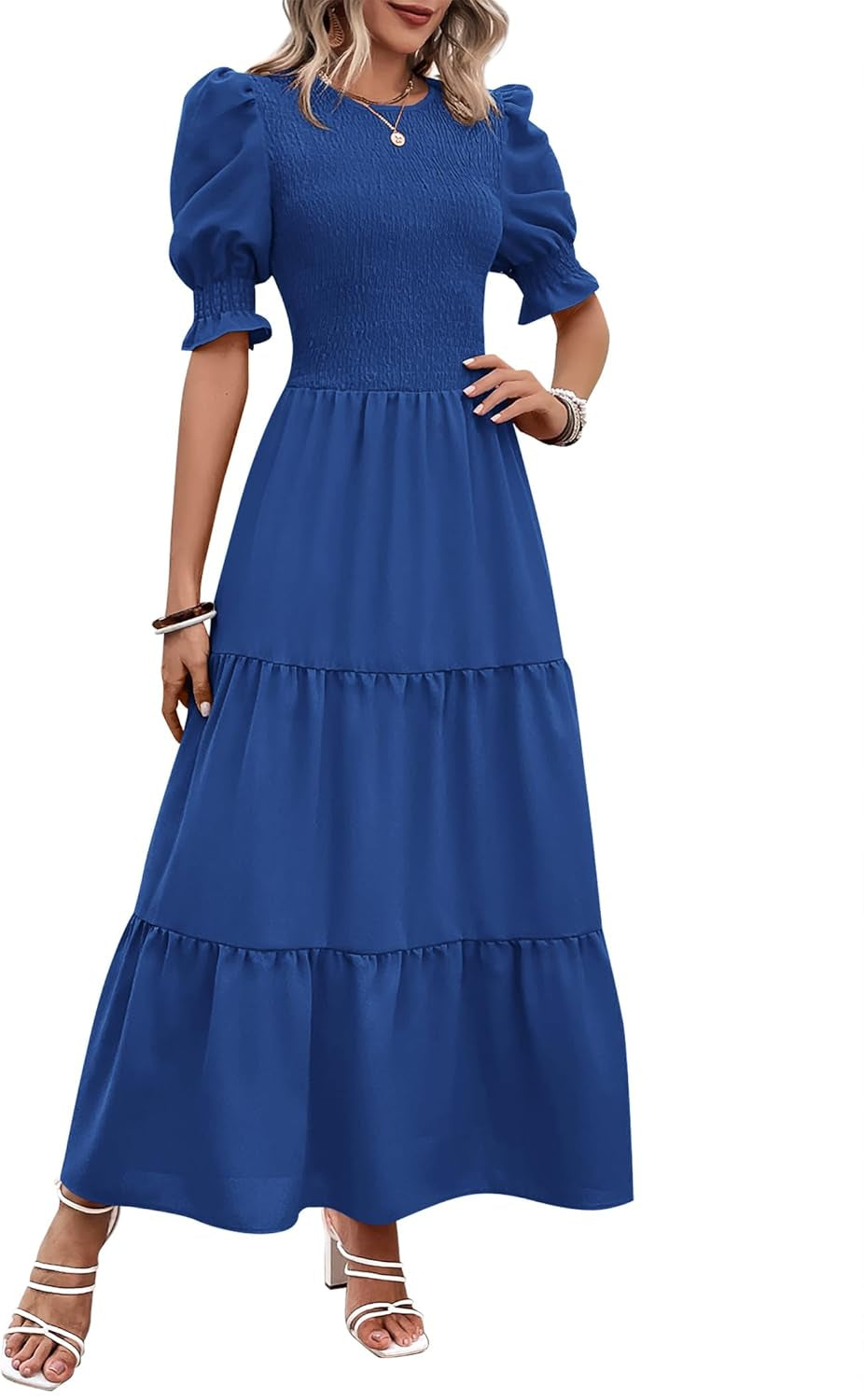 Women Casual Summer Dresses 2026 Spring Crew Neck Ruffle Short Sleeve Smocked Floral Boho Flowy Maxi Dress Clothes