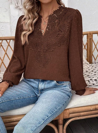 Womens Tops Swiss Dot Boho Long Sleeve Shirts V Neck Casual Chiffon Blouses Flowy Lace Hem Cute Clothing Trendy 2025
