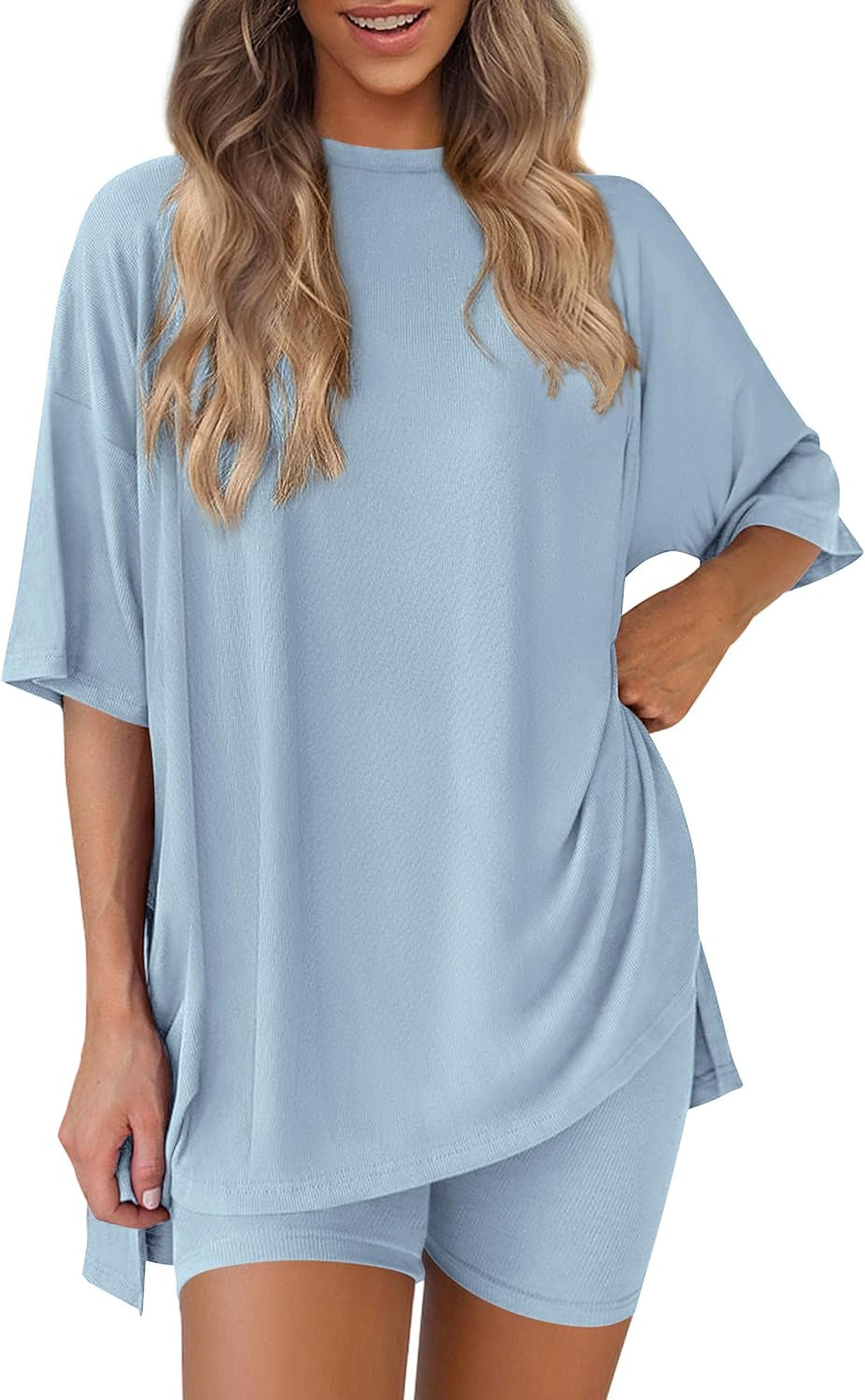 Women 2 Piece Lounge Set 2026 Summer Casual Oversized Shirts Biker Shorts Matching Airport Travel Outfit Clothes