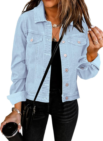 Women'S Basic Button down Long Sleeve Stretchy Jean Trucker Denim Jacket