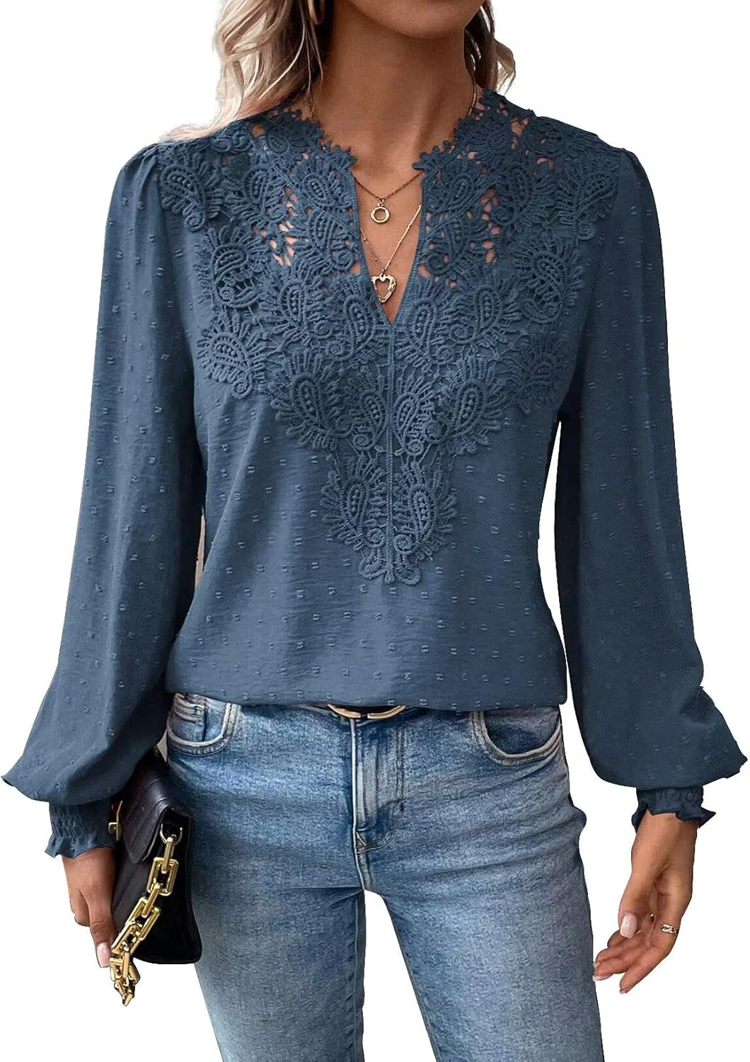 Womens Tops Swiss Dot Boho Long Sleeve Shirts V Neck Casual Chiffon Blouses Flowy Lace Hem Cute Clothing Trendy 2025
