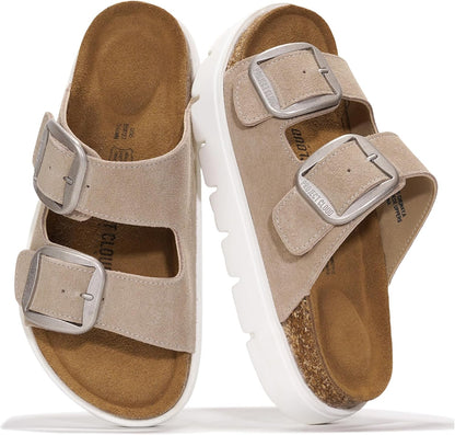 Genuine Leather Platform Sandals Women Footwear - Wedge Chunky Sandals Womens Sandals with Memory Foam Insole and Cork Footbed (GREECECHUNKY)