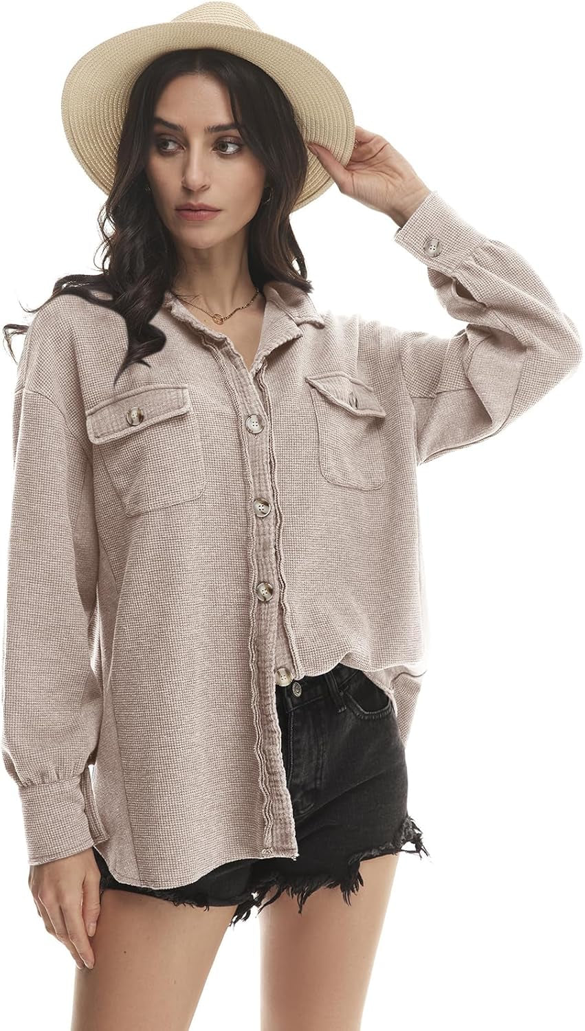 Shackets for Women 2025 Waffle Knit Tops Long Sleeve Button down Shirt Fall Jackets Outfits Corduroy Jacket