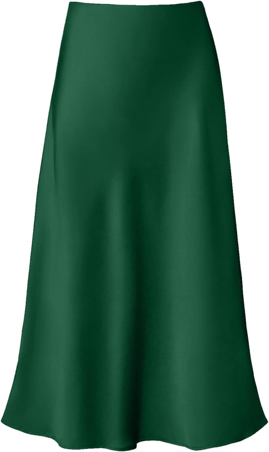 Women'S Satin High Waist Hidden Elasticized Waistband Flared Casual a Line Midi Skirt