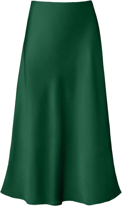Women'S Satin High Waist Hidden Elasticized Waistband Flared Casual a Line Midi Skirt